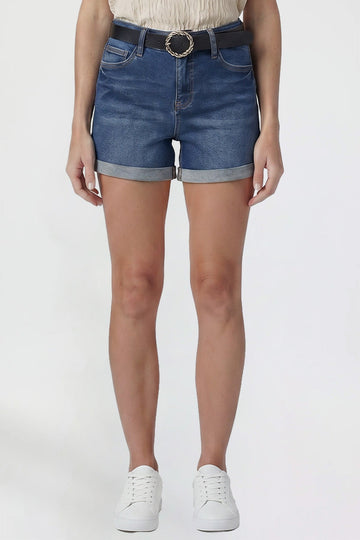 Ymi Women's Belted Premium Stretch Fold-over Cuff Shorts in S Midnight Sky Blue view 2 - Comfort Stretch (bottom)