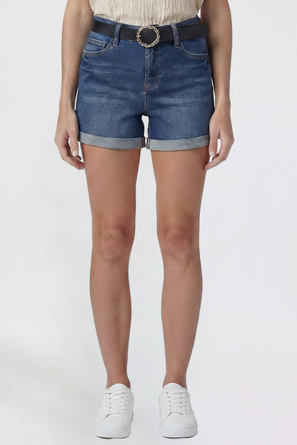 Ymi Women's Belted Premium Stretch Fold-over Cuff Shorts in S Midnight Sky Blue view 2 - Comfort Stretch (bottom)