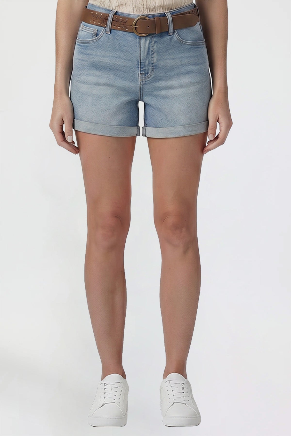 Ymi Women's Belted Premium Stretch Fold-over Cuff Shorts in R Olympic Blue view 2 - Comfort Stretch - Womens Belted Boots