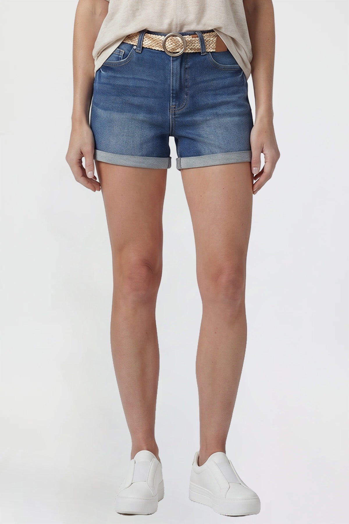 Ymi Women's Belted Premium Stretch Fold-over Cuff Shorts in N Indigo Blue view 2 - Comfort Stretch - Womens Belted Pants