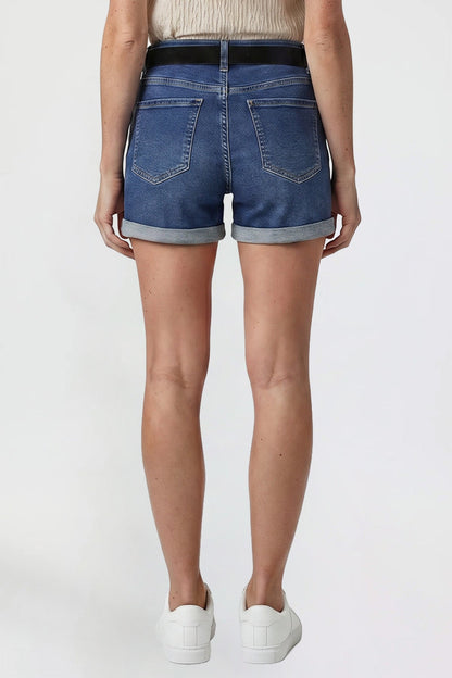 Ymi Women's Belted Premium Stretch Fold-over Cuff Shorts in S Midnight Sky Blue view 4 - Comfort Stretch (bottom)