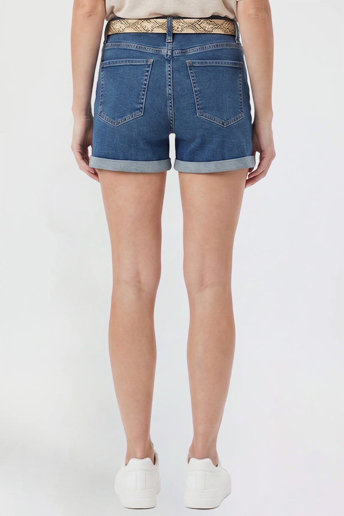 Ymi Women's Belted Premium Stretch Fold-over Cuff Shorts in N Indigo Blue view 4 - Comfort Stretch - Womens Belted Pants