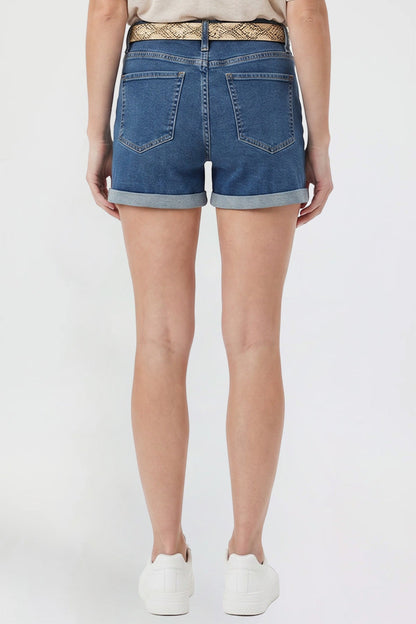 Ymi Women's Belted Premium Stretch Fold-over Cuff Shorts in N Indigo Blue view 4 - Comfort Stretch - Womens Belted Pants