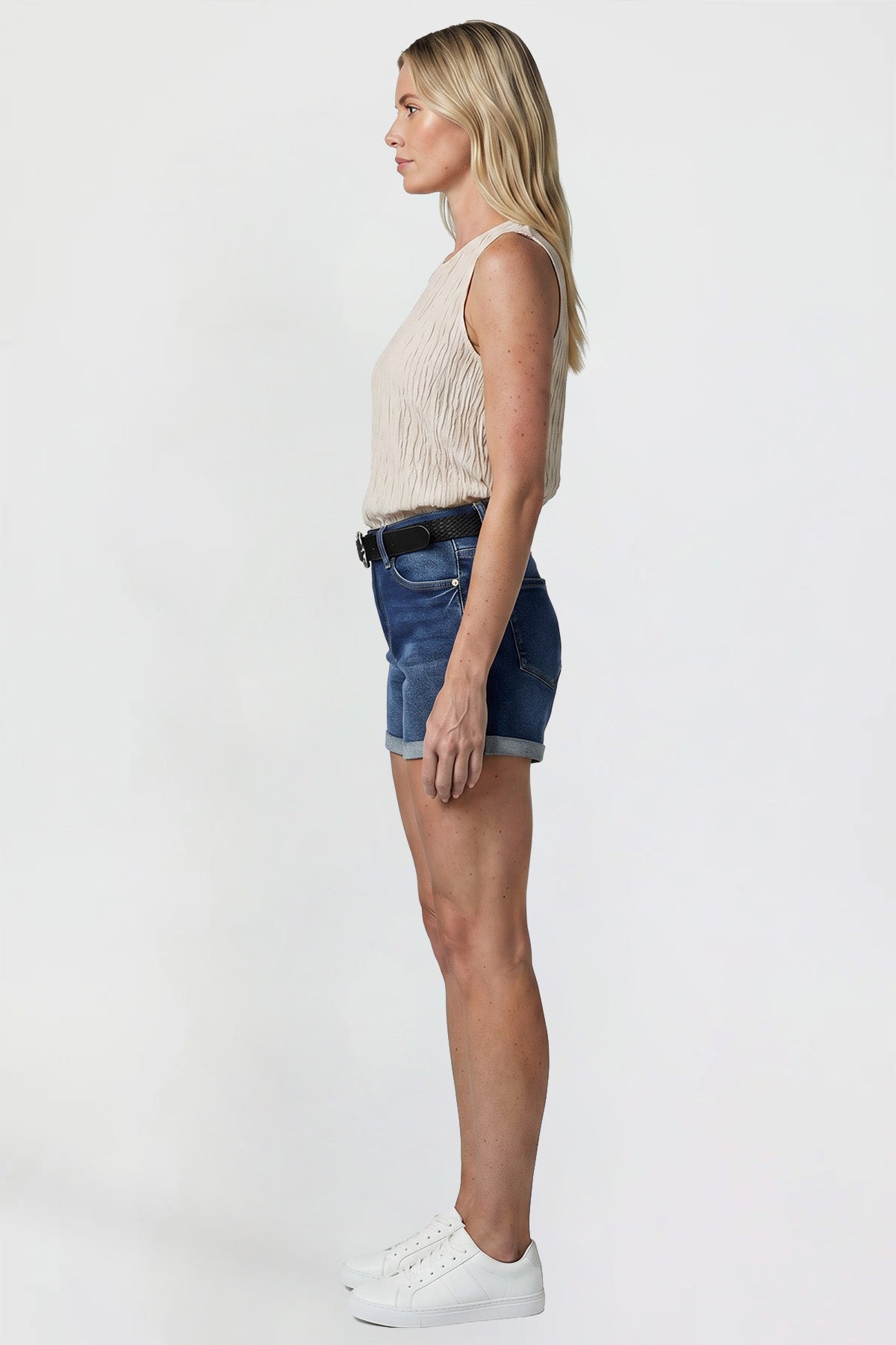 Ymi Women's Belted Premium Stretch Fold-over Cuff Shorts in S Midnight Sky Blue view 5 - Comfort Stretch (bottom)