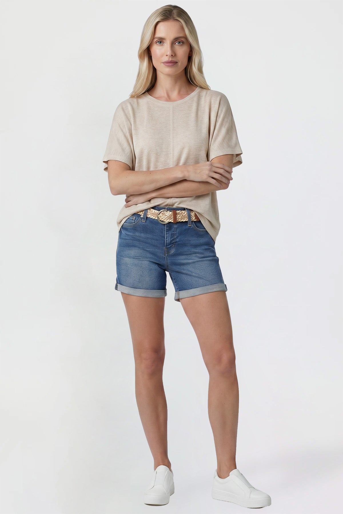 Ymi Women's Belted Premium Stretch Fold-over Cuff Shorts in N Indigo Blue view 5 - Comfort Stretch - Womens Belted Pants