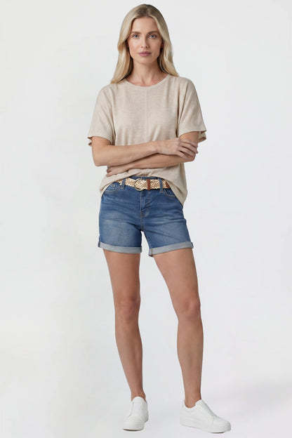 Ymi Women's Belted Premium Stretch Fold-over Cuff Shorts in N Indigo Blue view 5 - Comfort Stretch - Womens Belted Pants
