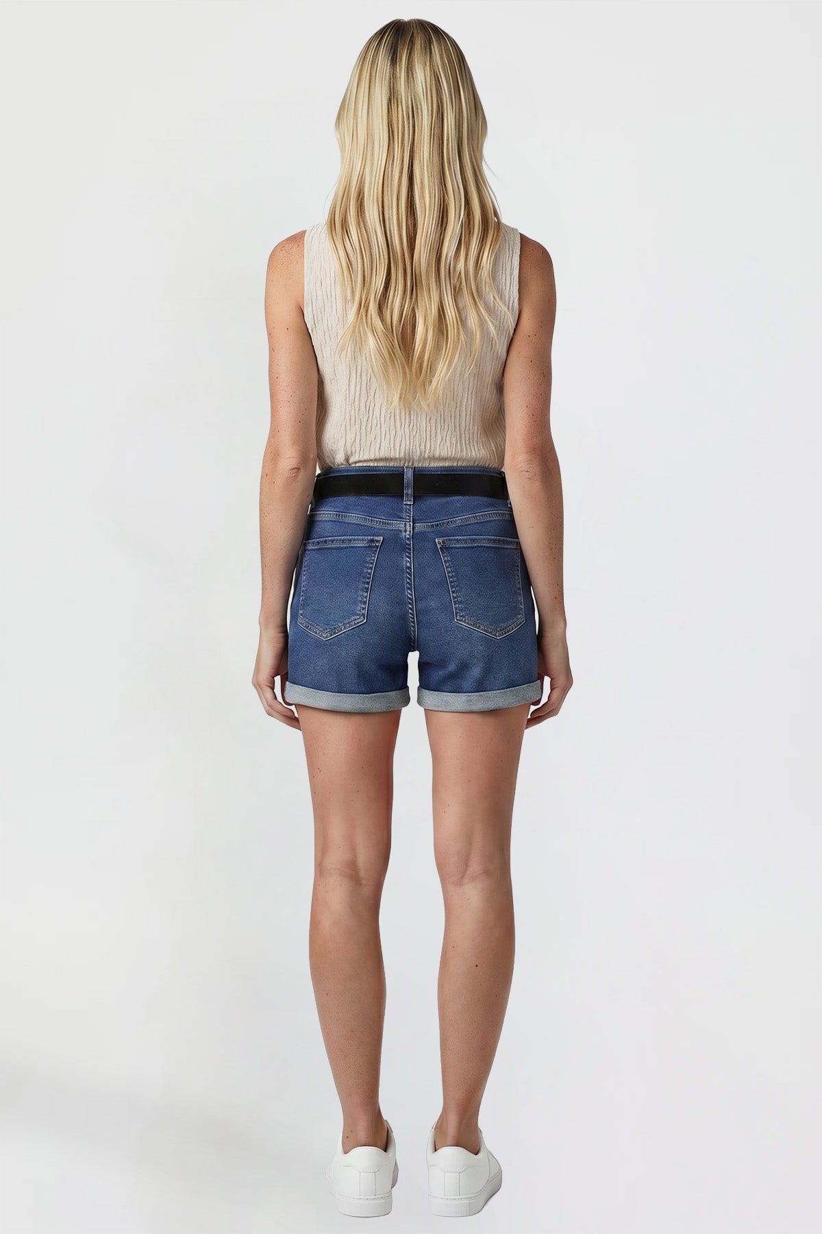 Ymi Women's Belted Premium Stretch Fold-over Cuff Shorts in S Midnight Sky Blue view 6 - Comfort Stretch (bottom)