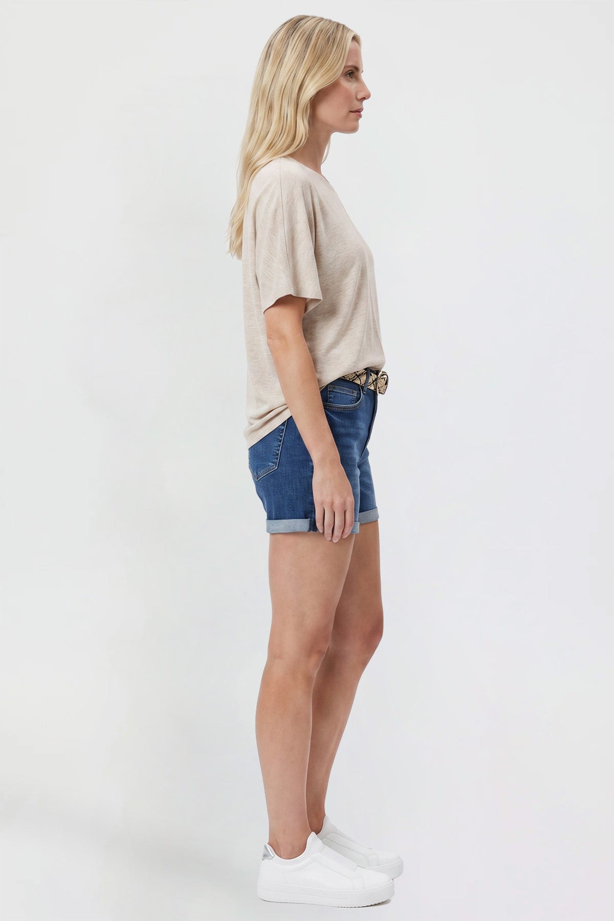 Ymi Women's Belted Premium Stretch Fold-over Cuff Shorts in N Indigo Blue view 6 - Comfort Stretch - Womens Belted Pants