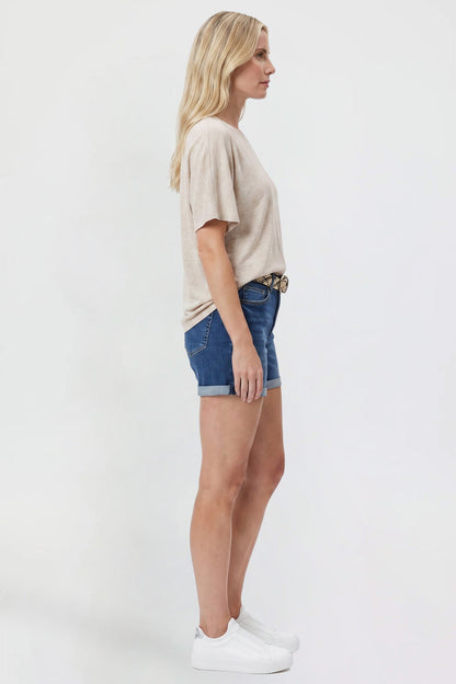 Ymi Women's Belted Premium Stretch Fold-over Cuff Shorts in N Indigo Blue view 6 - Comfort Stretch - Womens Belted Pants