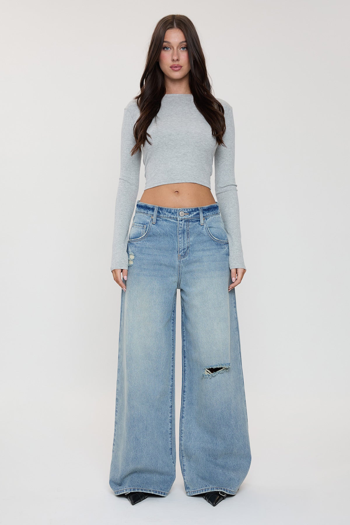 Ymi Women's Billie Baggy Wide Leg Jeans in J Faded Blue Rips view 10 - Ymi Womens Pants (bottom)