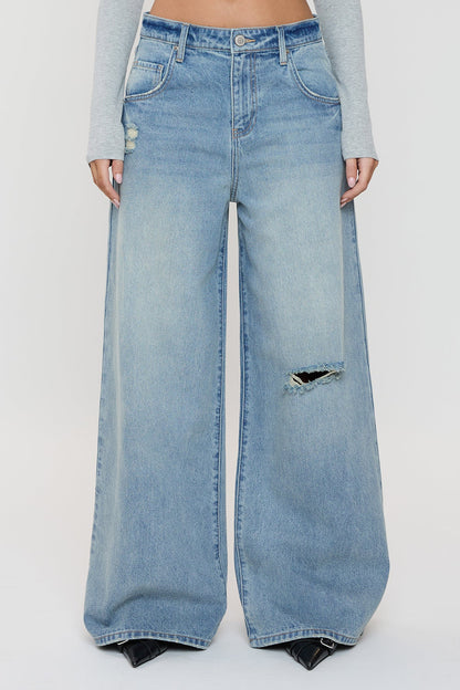 Ymi Women's Billie Baggy Wide Leg Jeans in J Faded Blue Rips view 11 - Ymi Womens Pants (bottom)