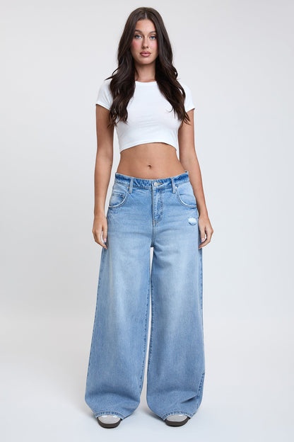 Ymi Women's Billie Baggy Wide Leg Jeans in L Light Blue Rips view 18 - Ymi Womens Pants (bottom)