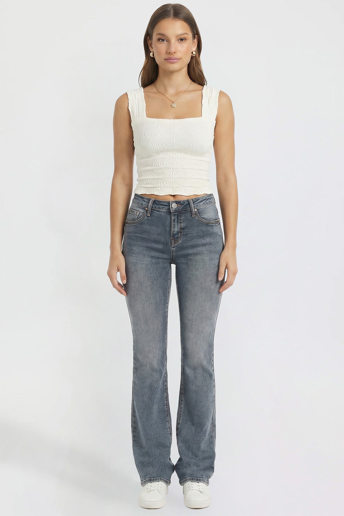 Ymi Women's Bootcut Jeans with Cross Hatch Detail in RT Tinted Olympic Blue - High-Waisted - Womens Bootcut Jeans Mid Rise