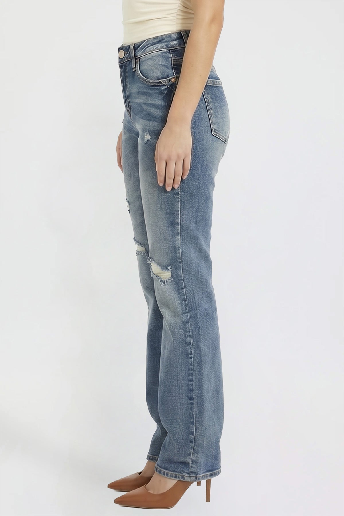 Ymi Women's Bootcut Jeans with Cross Hatch Detail in M Medium Blue Rips view 10 - High-Waisted (bottom)