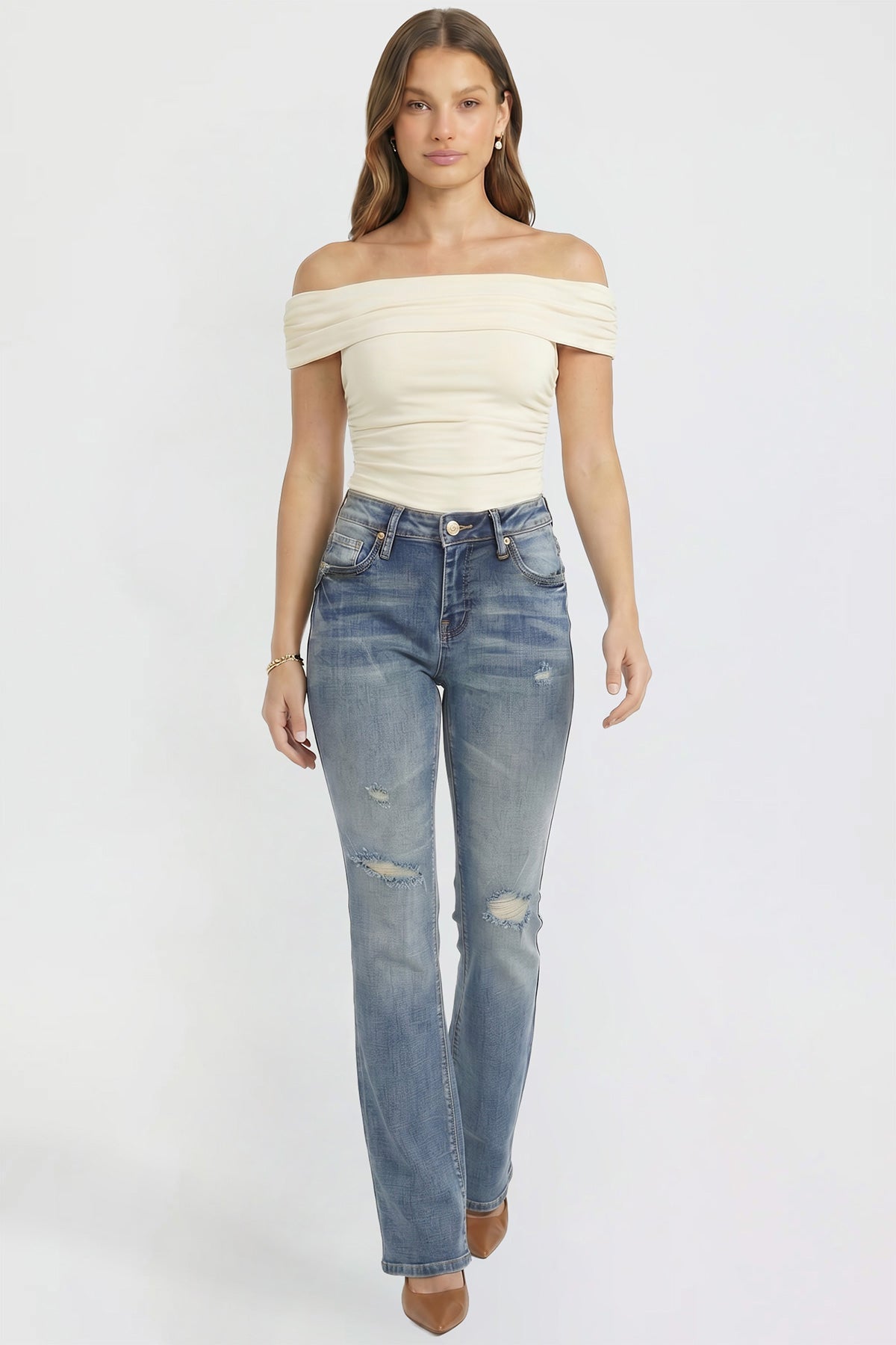 Ymi Women's Bootcut Jeans with Cross Hatch Detail in M Medium Blue Rips view 14 - High-Waisted (bottom)