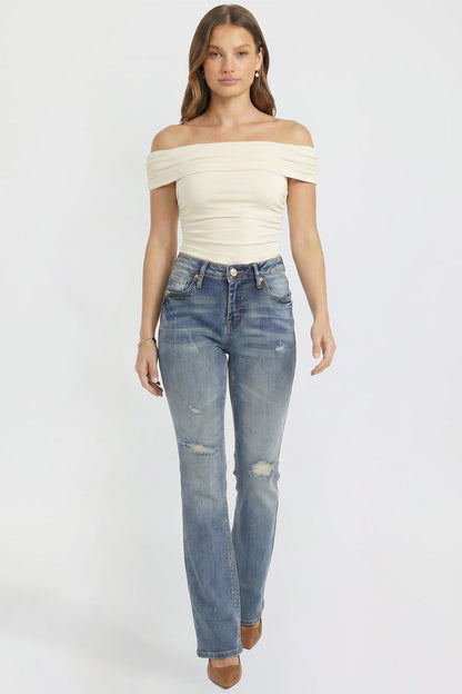 Ymi Women's Bootcut Jeans with Cross Hatch Detail in M Medium Blue Rips view 14 - High-Waisted (bottom)