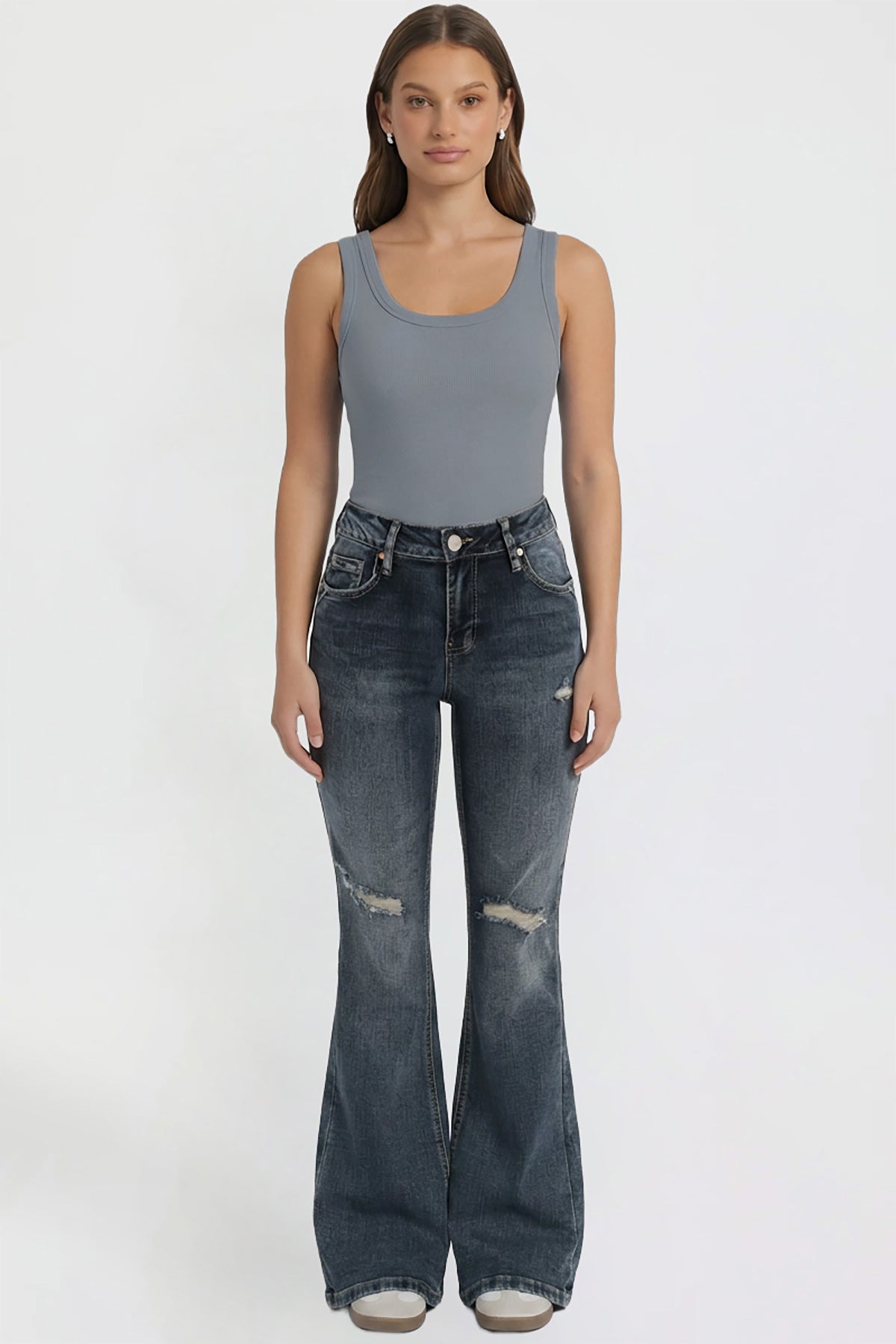 Ymi Women's Bootcut Jeans with Cross Hatch Detail in S Midnight Sky Blue Rips view 15 - High-Waisted (bottom)