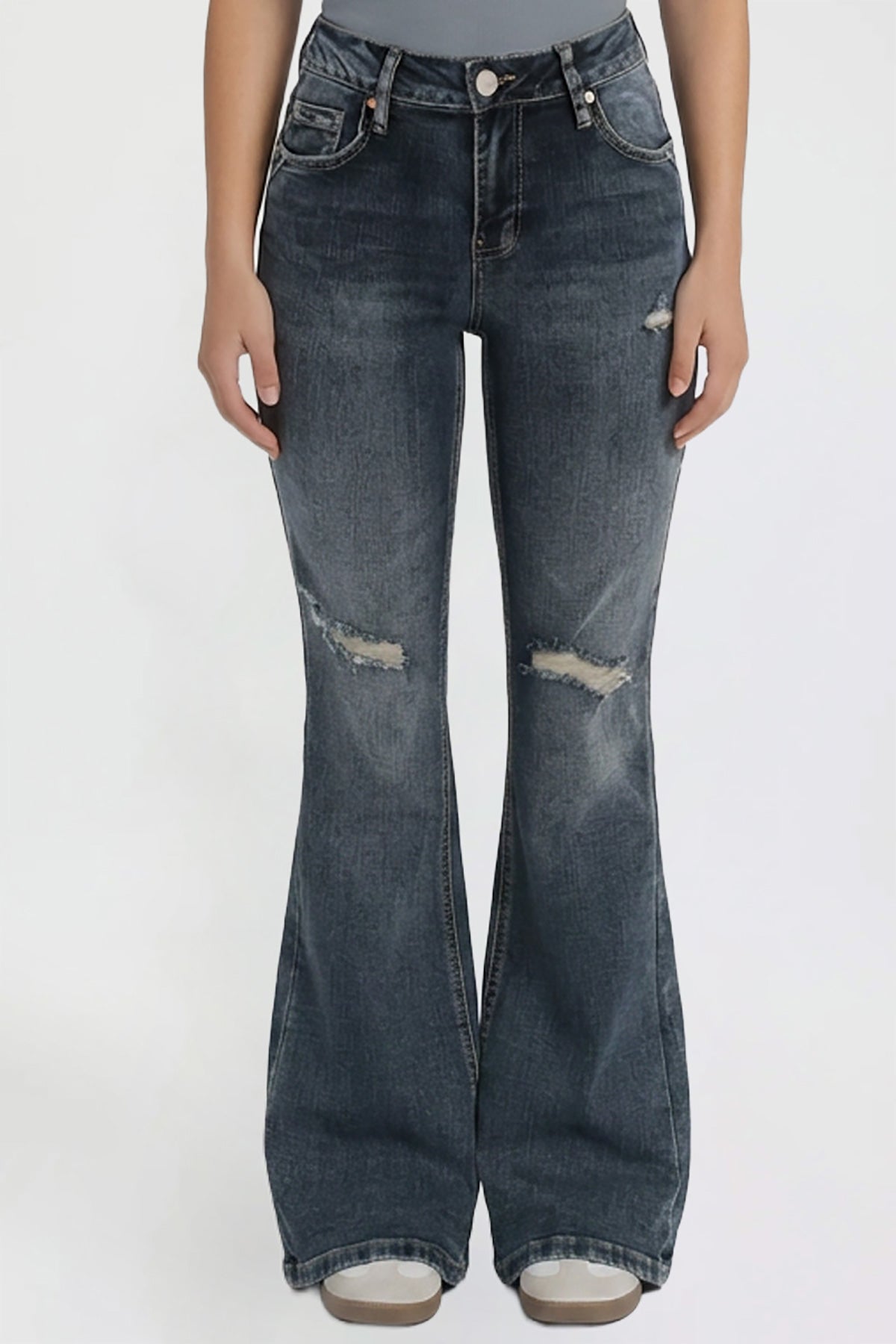 Ymi Women's Bootcut Jeans with Cross Hatch Detail in S Midnight Sky Blue Rips view 16 - High-Waisted (bottom)