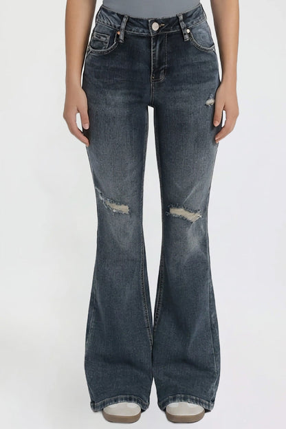 Ymi Women's Bootcut Jeans with Cross Hatch Detail in S Midnight Sky Blue Rips view 16 - High-Waisted (bottom)