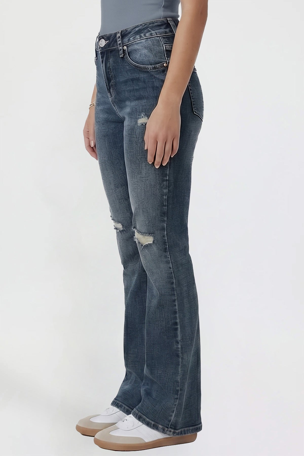 Ymi Women's Bootcut Jeans with Cross Hatch Detail in S Midnight Sky Blue Rips view 17 - High-Waisted (bottom)