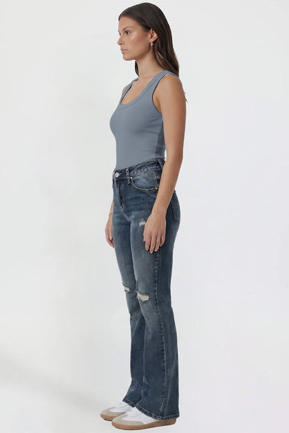Ymi Women's Bootcut Jeans with Cross Hatch Detail in S Midnight Sky Blue Rips view 19 - High-Waisted (bottom)