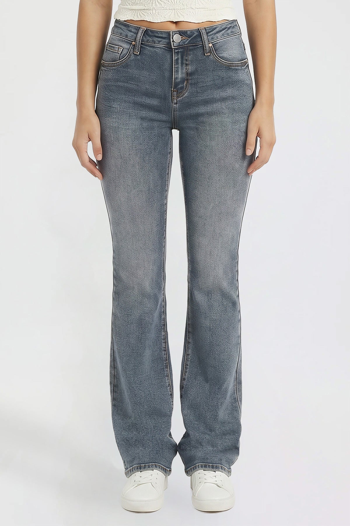Ymi Women's Bootcut Jeans with Cross Hatch Detail in RT Tinted Olympic Blue view 2 - High-Waisted (bottom)