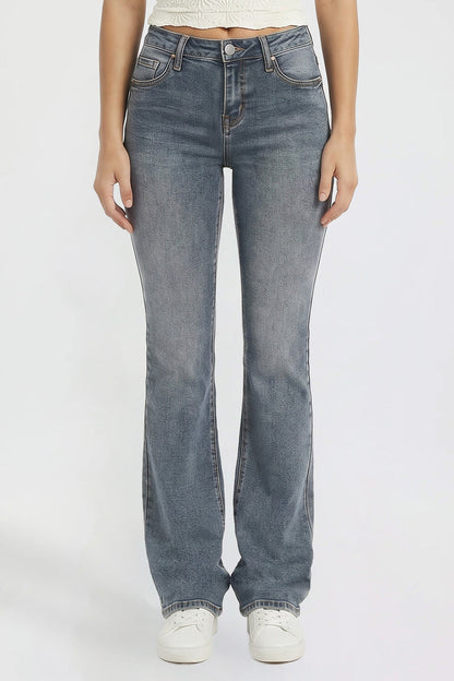 Ymi Women's Bootcut Jeans with Cross Hatch Detail in RT Tinted Olympic Blue view 2 - High-Waisted (bottom)