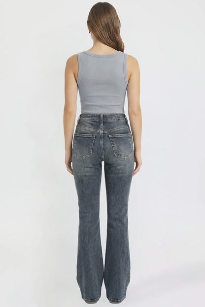 Ymi Women's Bootcut Jeans with Cross Hatch Detail in S Midnight Sky Blue Rips view 20 - High-Waisted (bottom)