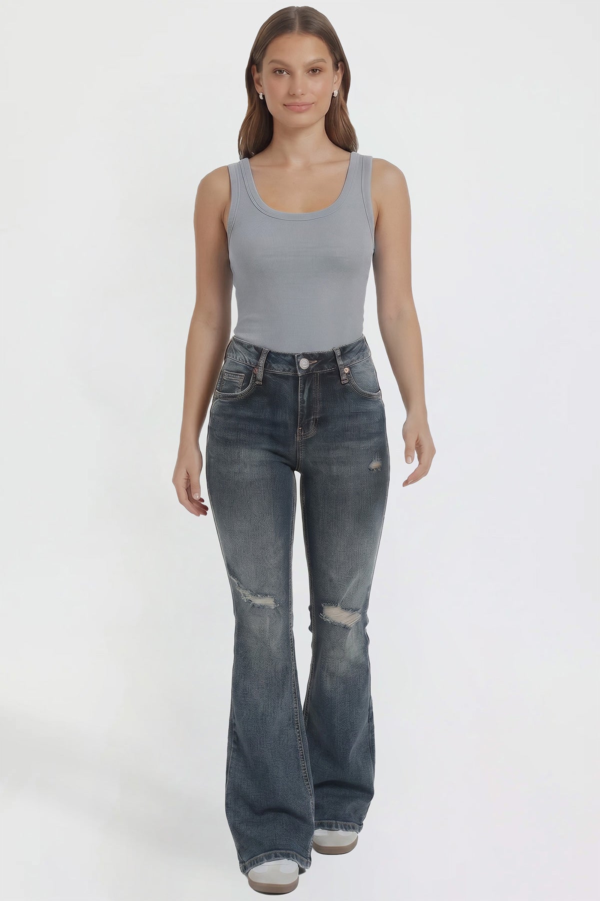 Ymi Women's Bootcut Jeans with Cross Hatch Detail in S Midnight Sky Blue Rips view 21 - High-Waisted (bottom)