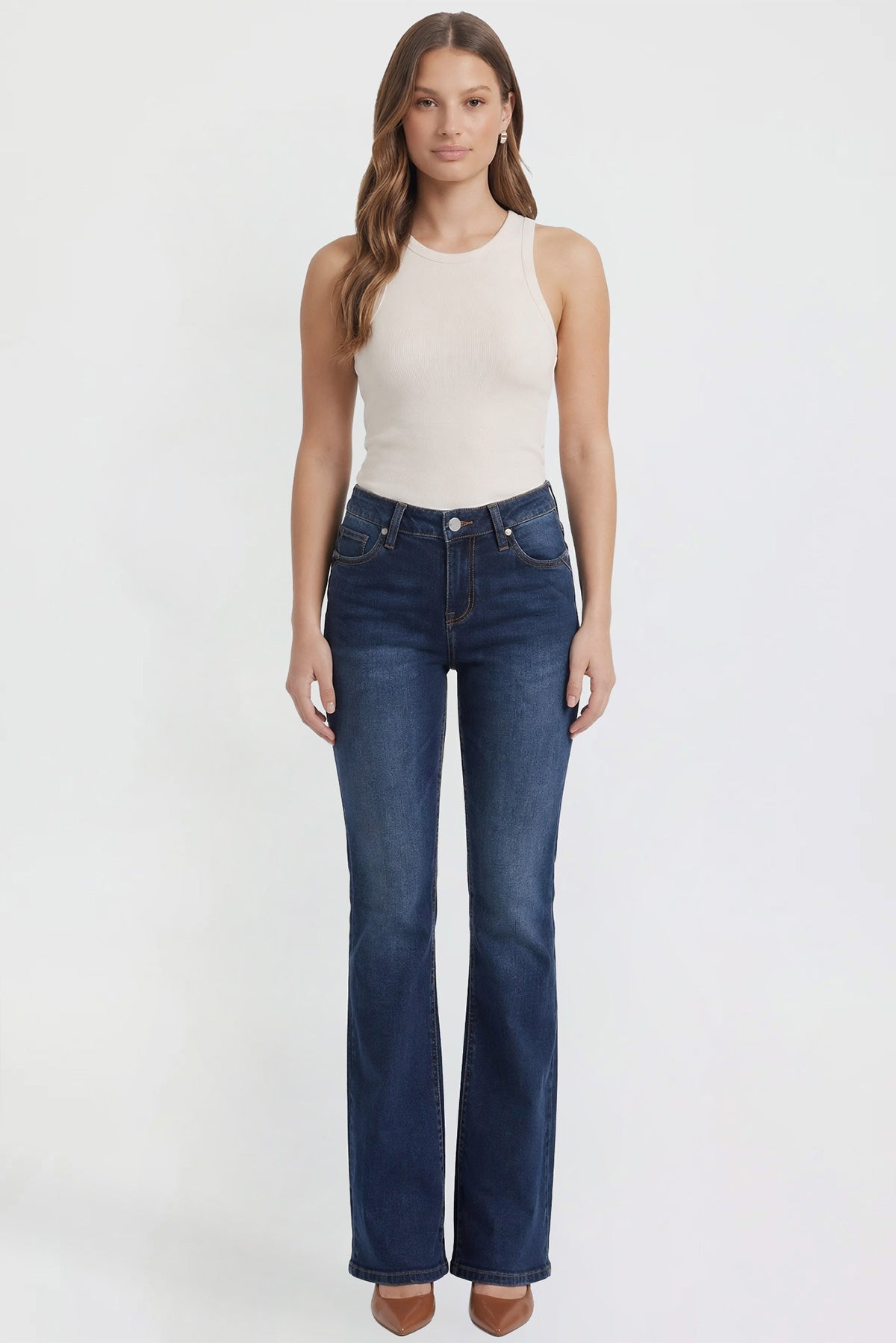Ymi Women's Bootcut Jeans with Cross Hatch Detail in P Deep Sky Blue view 22 - High-Waisted - Womens Bootcut Jeans Mid Rise