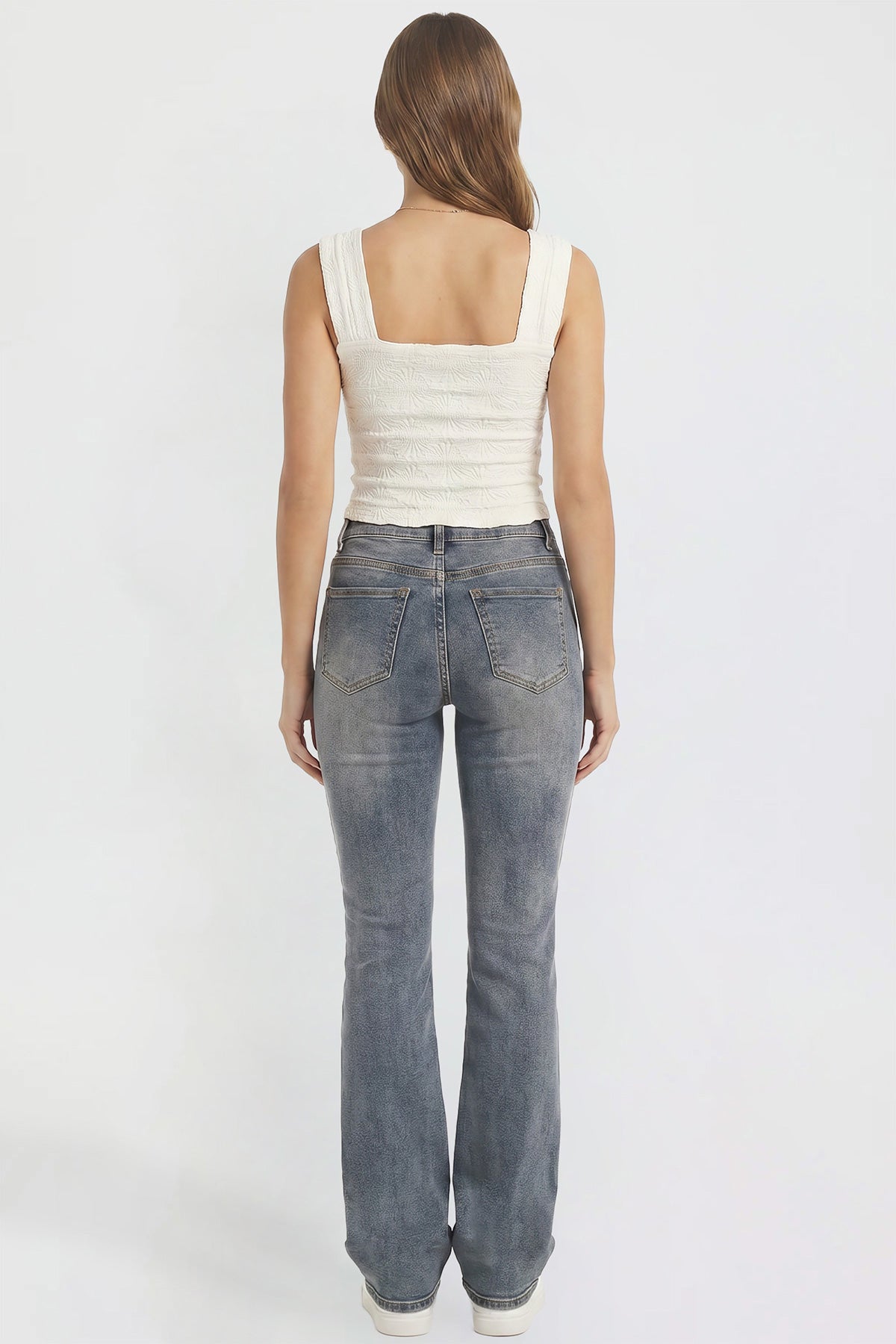 Ymi Women's Bootcut Jeans with Cross Hatch Detail in RT Tinted Olympic Blue view 5 - High-Waisted (bottom)