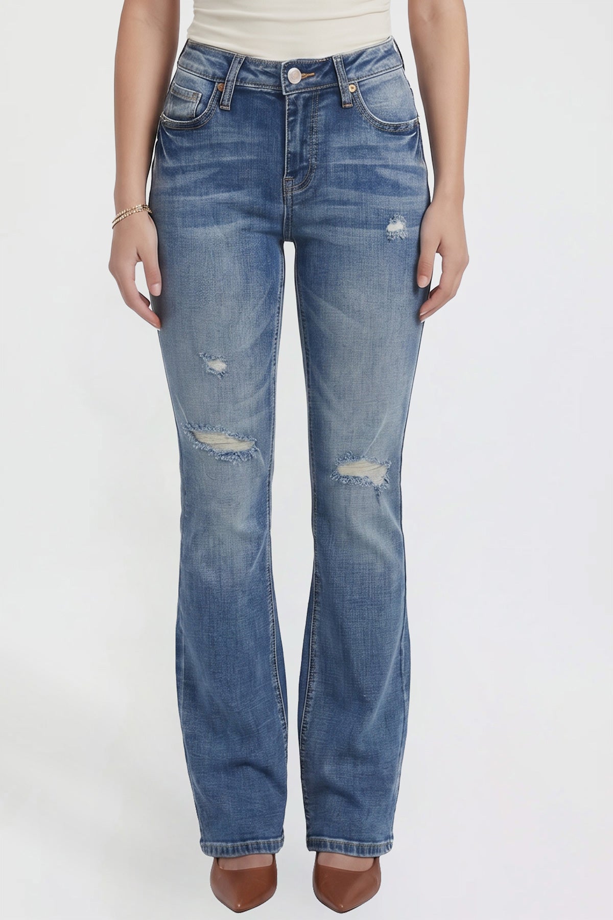 Ymi Women's Bootcut Jeans with Cross Hatch Detail in M Medium Blue Rips view 9 - High-Waisted - Womens Bootcut Jeans Mid Rise