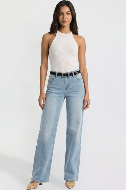 Ymi Women's Britney Belted Wide Leg Jeans in C Sky Blue (bottom)