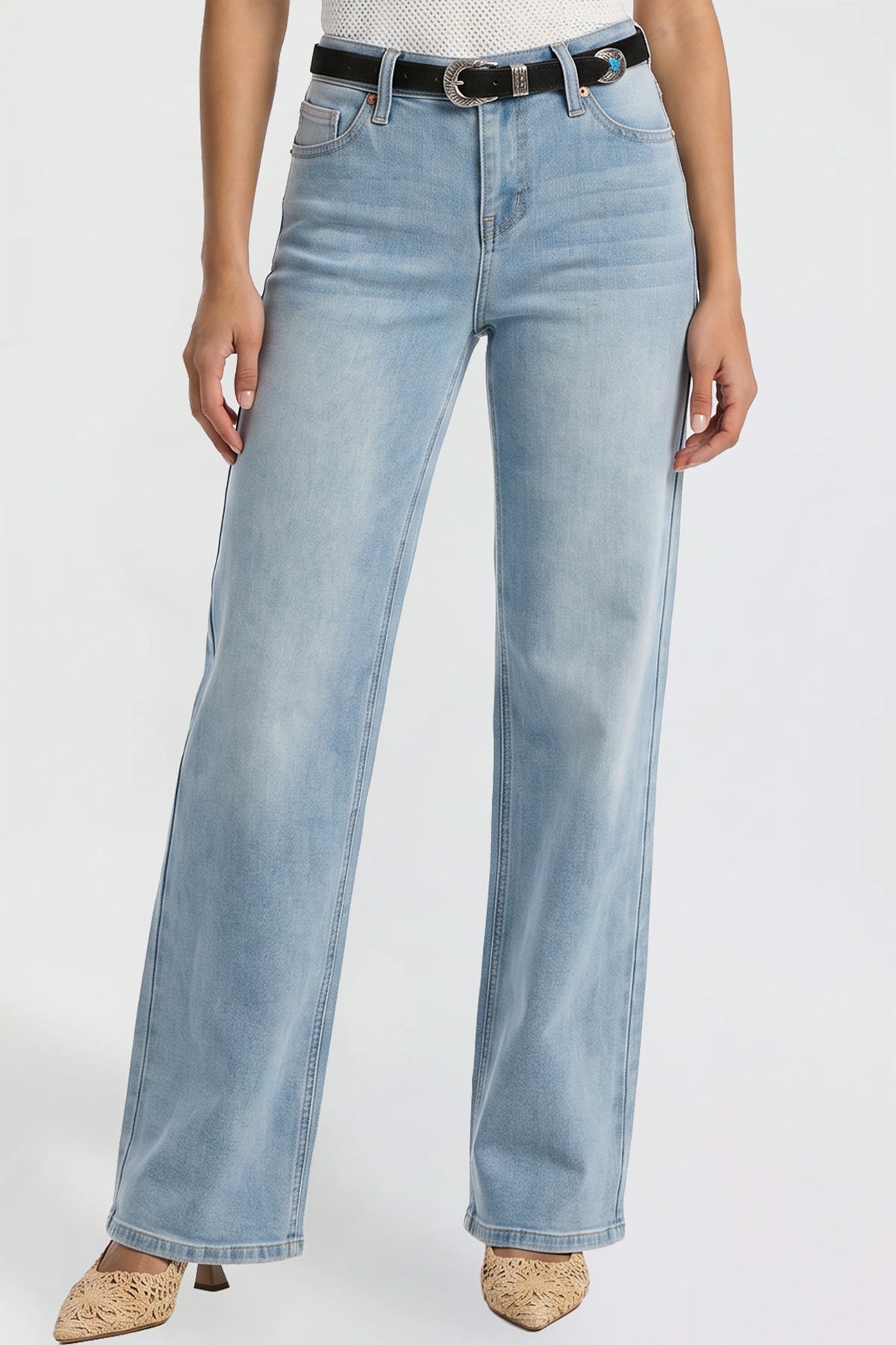 Ymi Women's Britney Belted Wide Leg Jeans in C Sky Blue view 2 (bottom)
