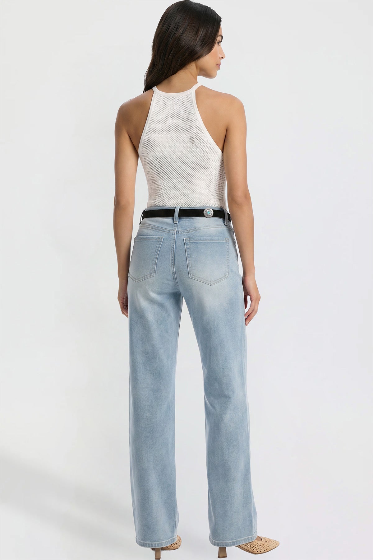 Ymi Women's Britney Belted Wide Leg Jeans in C Sky Blue view 5 (bottom)