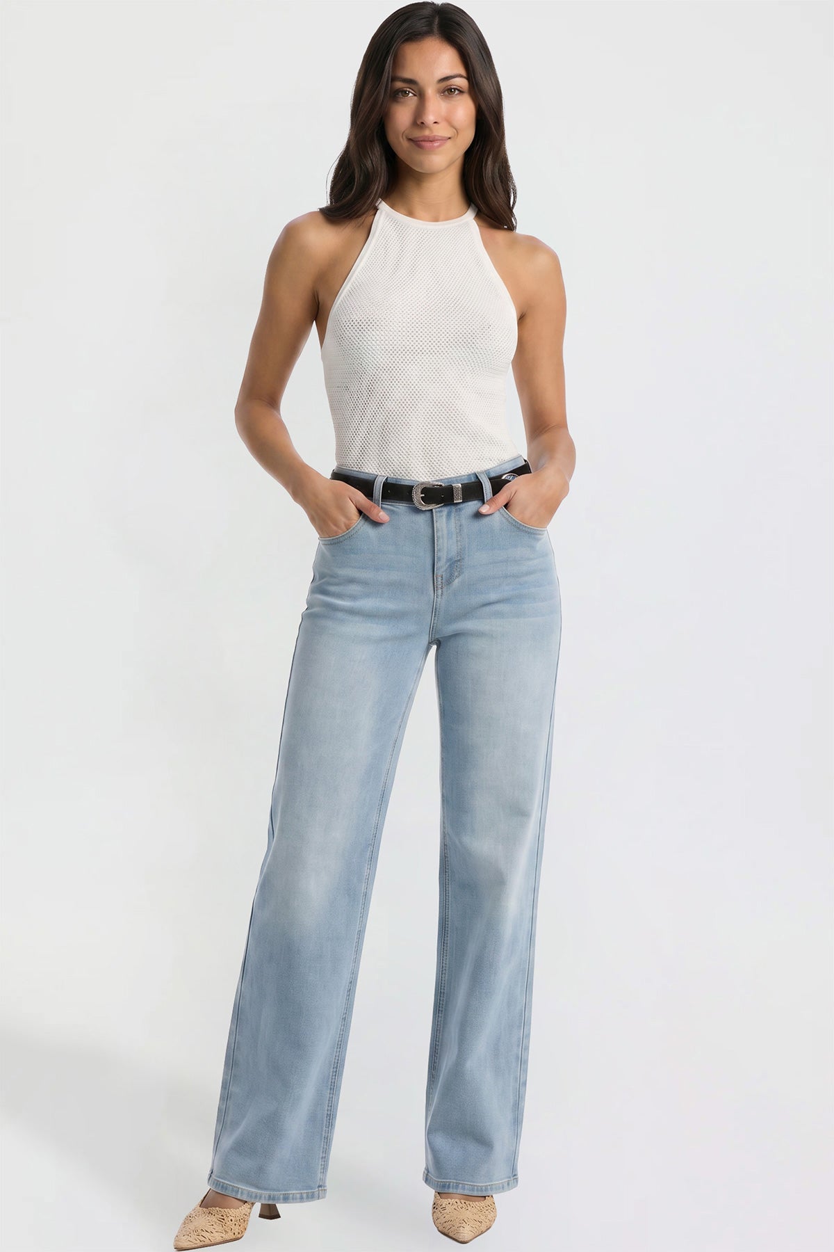 Ymi Women's Britney Belted Wide Leg Jeans in C Sky Blue view 7 (bottom)