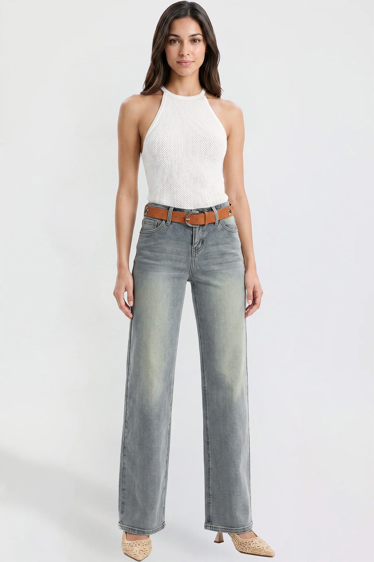 Ymi Women's Britney Belted Wide Leg Jeans in CT Tinted Sky Blue (bottom)