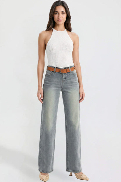 Ymi Women's Britney Belted Wide Leg Jeans in CT Tinted Sky Blue (bottom)