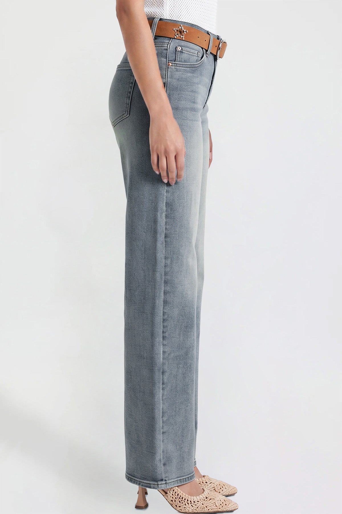 Ymi Women's Britney Belted Wide Leg Jeans in CT Tinted Sky Blue view 3 (bottom)