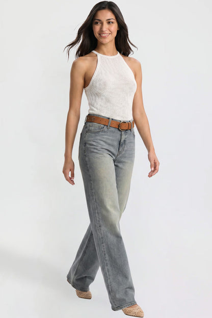 Ymi Women's Britney Belted Wide Leg Jeans in CT Tinted Sky Blue view 7 (bottom)