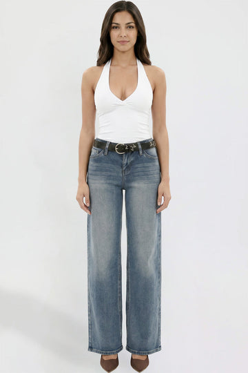 Ymi Women's Britney Belted Wide Leg Jeans in N Indigo Blue (bottom)