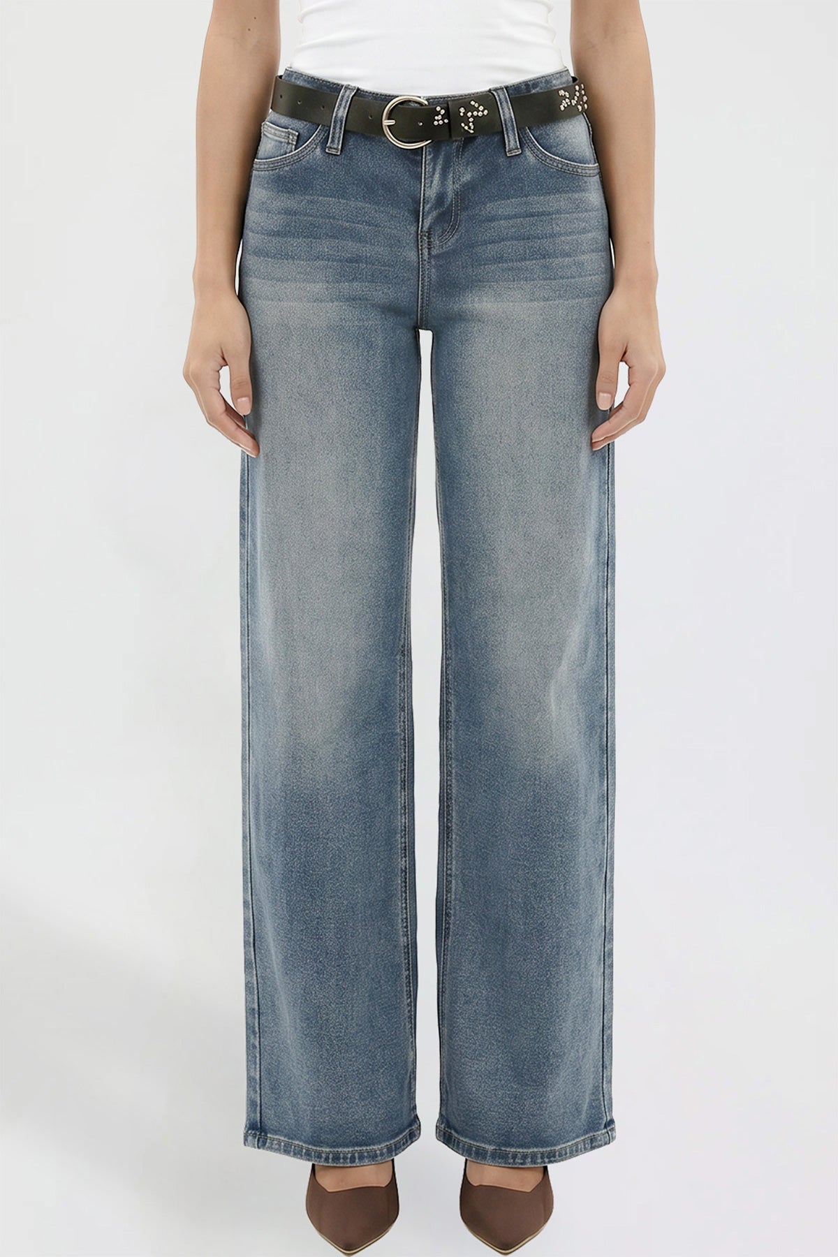 Ymi Women's Britney Belted Wide Leg Jeans in N Indigo Blue view 2 (bottom)