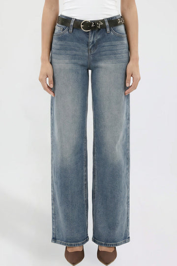 Ymi Women's Britney Belted Wide Leg Jeans in N Indigo Blue view 2 (bottom)