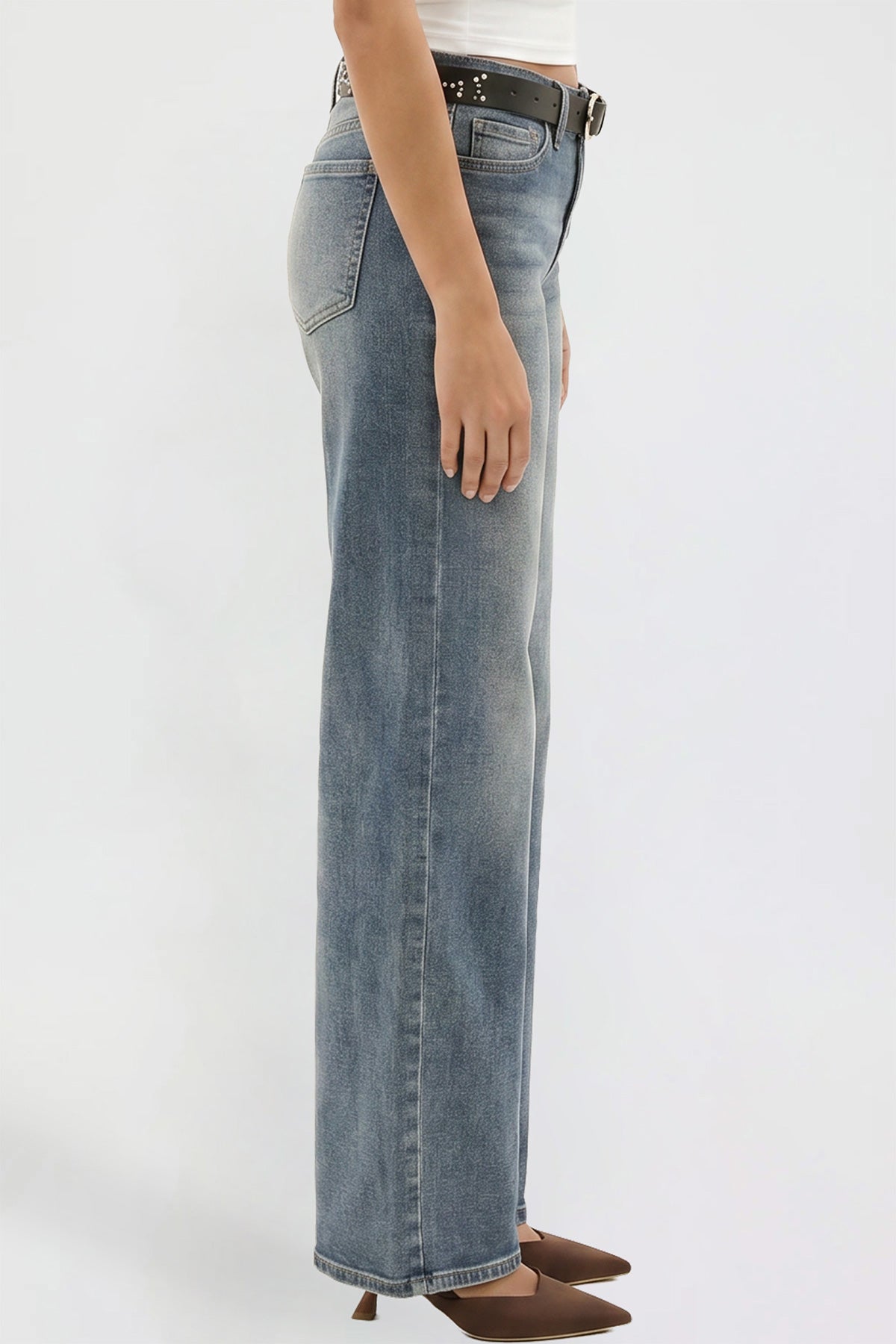 Ymi Women's Britney Belted Wide Leg Jeans in N Indigo Blue view 3 (bottom)