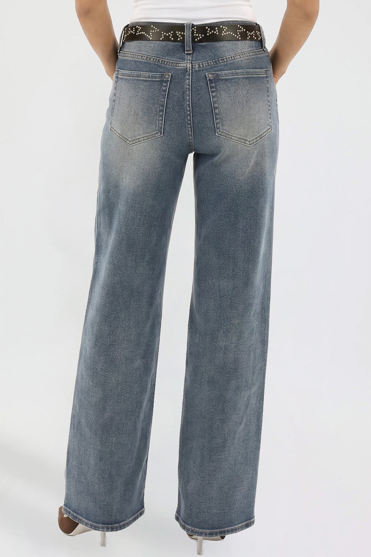 Ymi Women's Britney Belted Wide Leg Jeans in N Indigo Blue view 4 (bottom)