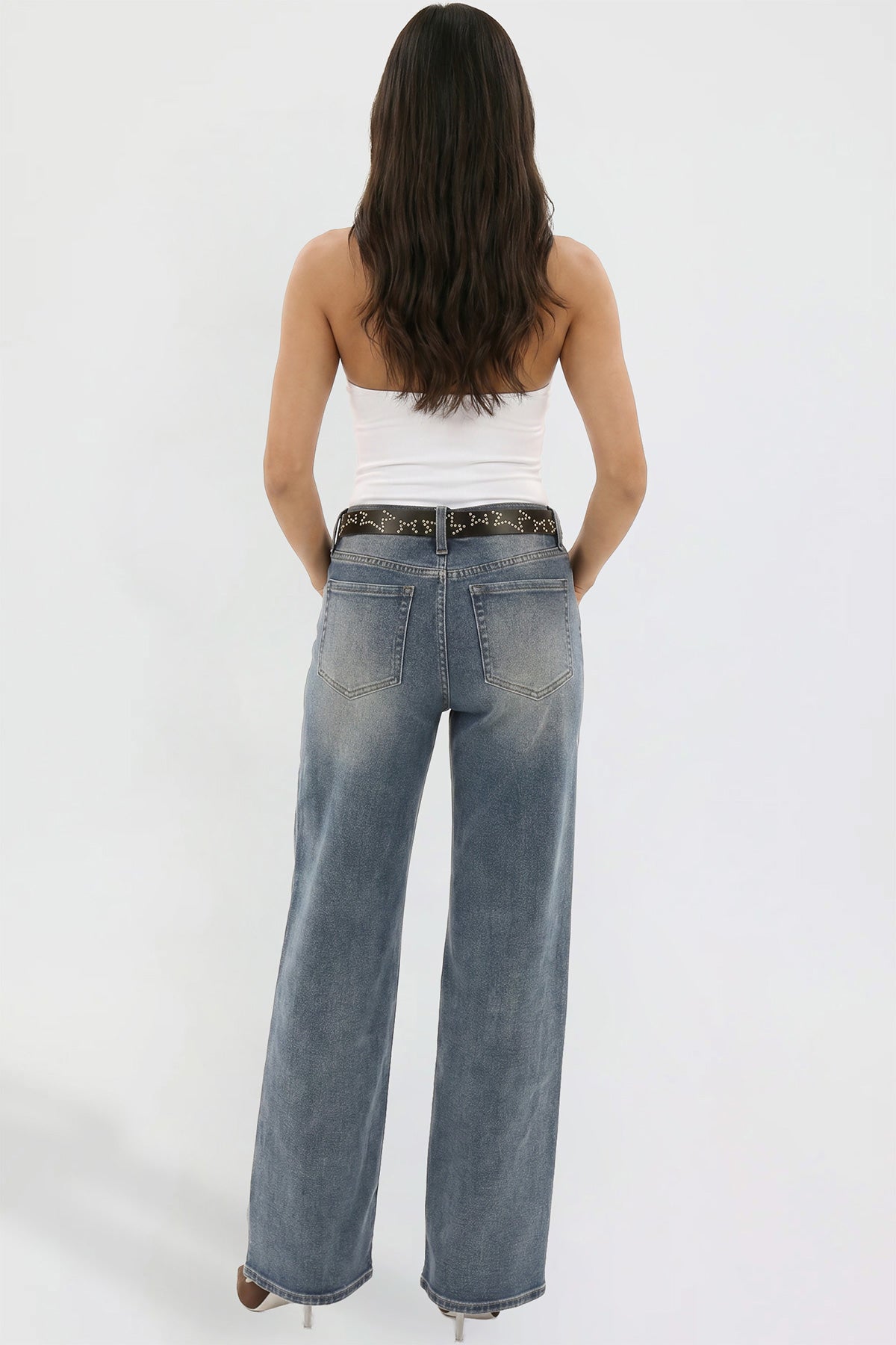 Ymi Women's Britney Belted Wide Leg Jeans in N Indigo Blue view 6 (bottom)