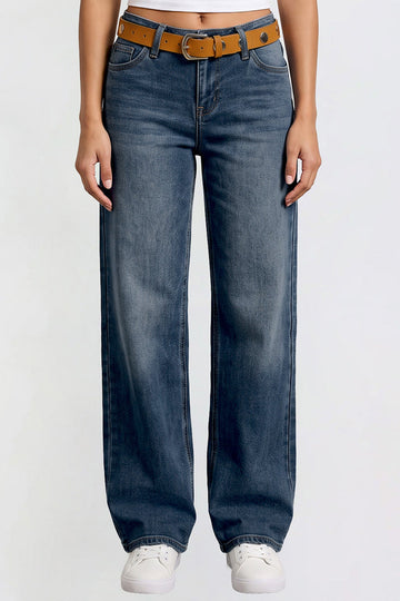 Ymi Women's Britney Belted Wide Leg Jeans in PT Tinted Deep Sky Blue view 2 (bottom)