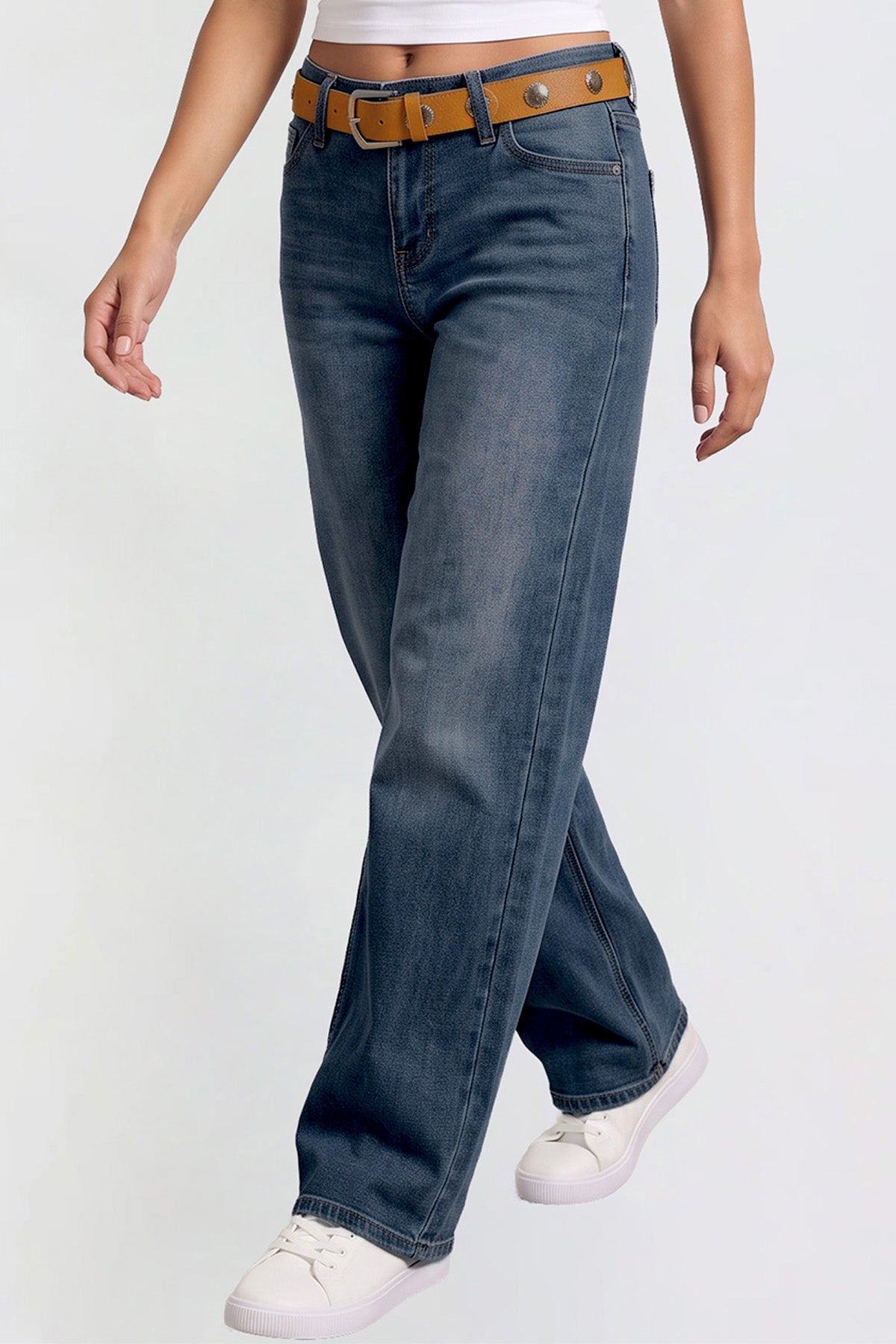 Ymi Women's Britney Belted Wide Leg Jeans in PT Tinted Deep Sky Blue view 3 (bottom)