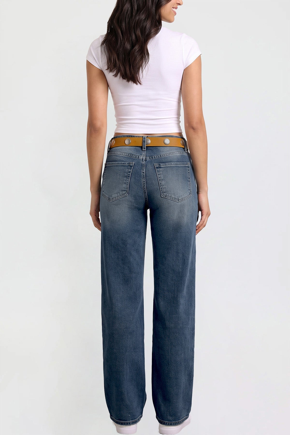 Ymi Women's Britney Belted Wide Leg Jeans in PT Tinted Deep Sky Blue view 6 (bottom)