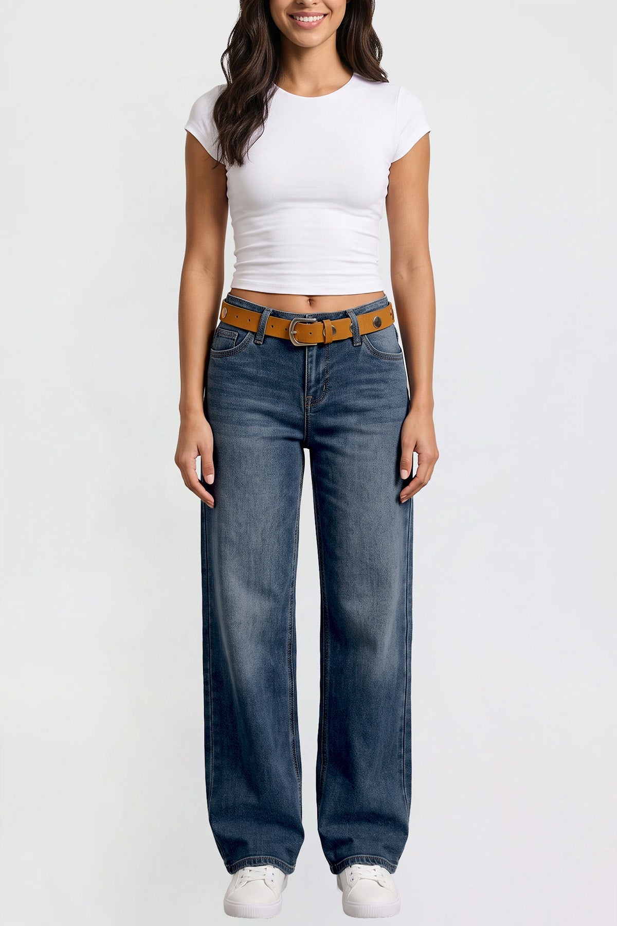 Ymi Women's Britney Belted Wide Leg Jeans in PT Tinted Deep Sky Blue view 7 (bottom)